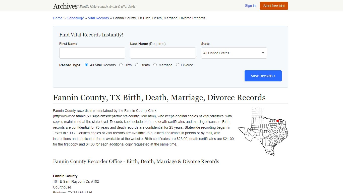 Fannin County, TX Birth, Death, Marriage, Divorce Records